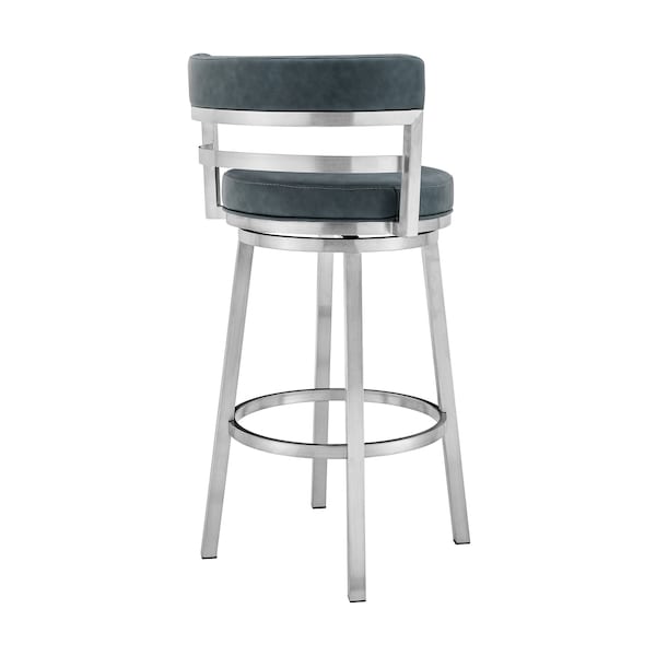 Armen Living Madrid 30" Bar Height Swivel Blue Faux Leather and Brushed Stainless Steel Bar Stool - LCMABABSBLU30