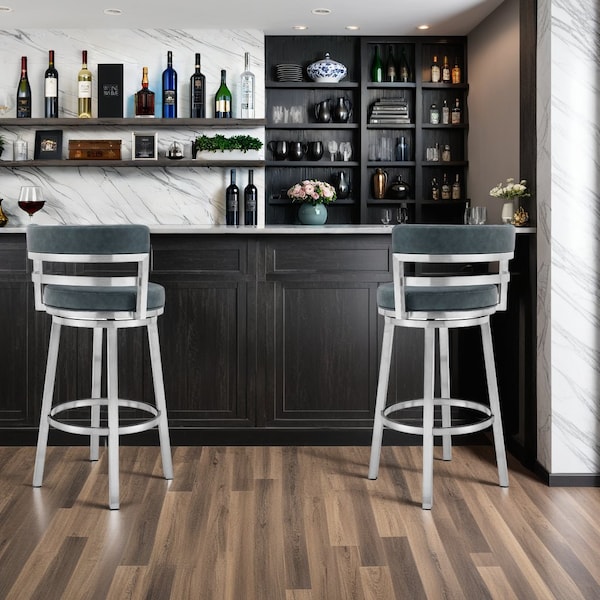 Armen Living Madrid 30" Bar Height Swivel Blue Faux Leather and Brushed Stainless Steel Bar Stool - LCMABABSBLU30