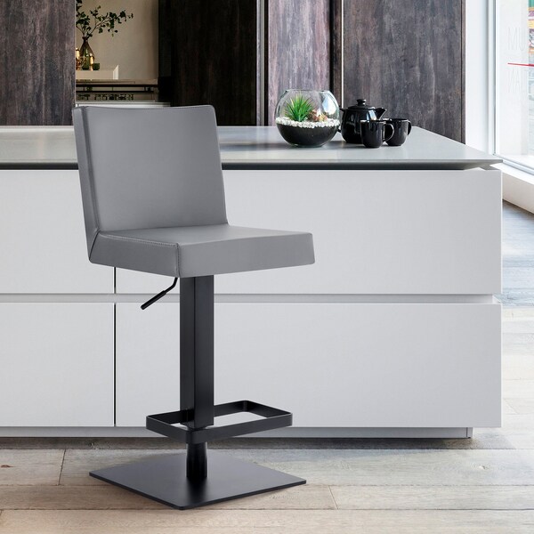 Armen Living Legacy Adjustable Height Swivel Gray Faux Leather and Black Metal Bar Stool - LCLGSWBAMBGR