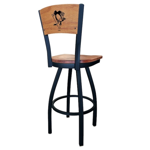 Holland Bar Stool Co 25" Blk Wrinkle Pittsburgh Penguins Swivel Bar Stool, Engraved Back - L03825BWMEDMPLAPITPENMEDMPL