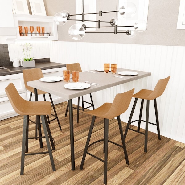 Leisuremod Elland Modern Upholstered Leather Bar Stool with Iron Legs and Footrest, Light Brown - ES29BR