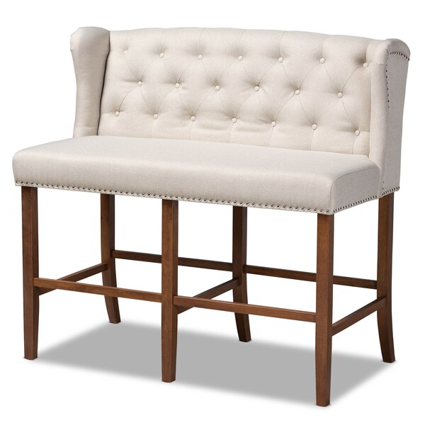 Baxton Studio Alira Beige Upholstered Walnut Wood Button Tufted Bar Stool Bench - 160-9947
