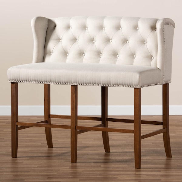Baxton Studio Alira Beige Upholstered Walnut Wood Button Tufted Bar Stool Bench - 160-9947