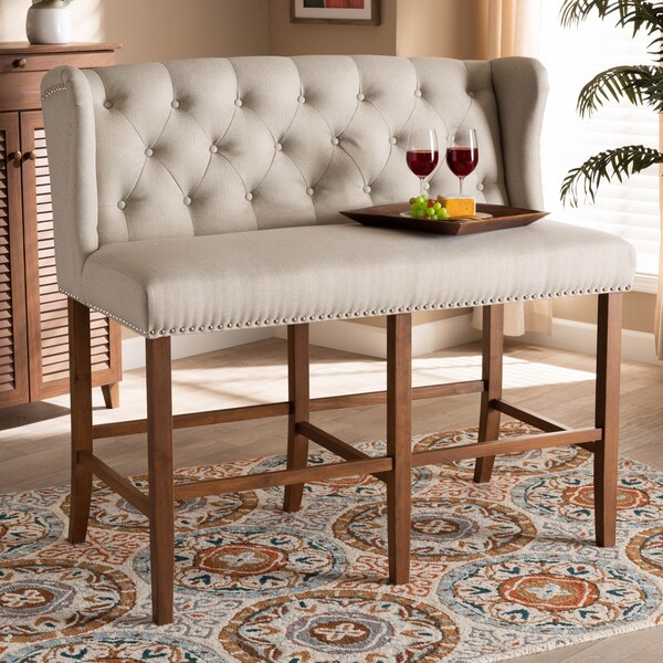 Baxton Studio Alira Beige Upholstered Walnut Wood Button Tufted Bar Stool Bench - 160-9947