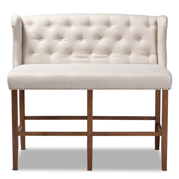 Baxton Studio Alira Beige Upholstered Walnut Wood Button Tufted Bar Stool Bench - 160-9947
