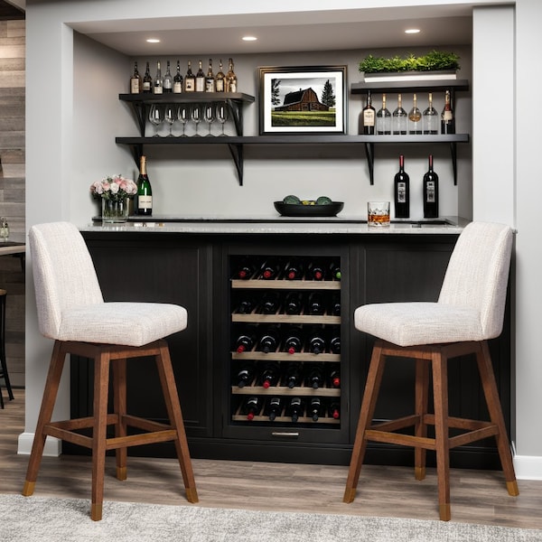 Armen Living Amalie Swivel Bar Stool in Brown Oak Wood Finish with Beige Fabric - 840254332089
