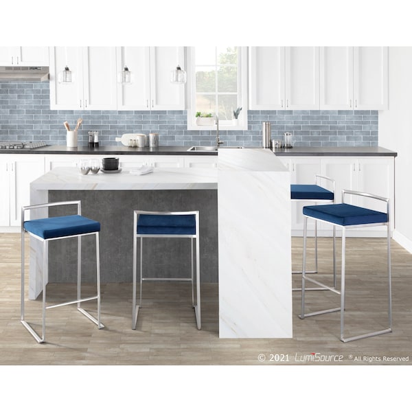 Lumisource Fuji Barstool in Stainless Steel and Blue Velvet Cushion, PK 2 - B30-FUJI VBU2