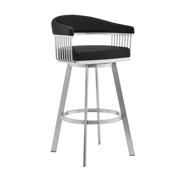 Armen Living Bronson 25" Black Faux Leather and Brushed Stainless Steel Swivel Bar Stool - 721535762200
