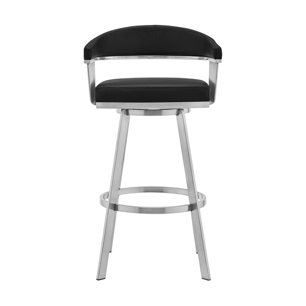 Armen Living Bronson 25" Black Faux Leather and Brushed Stainless Steel Swivel Bar Stool - 721535762200