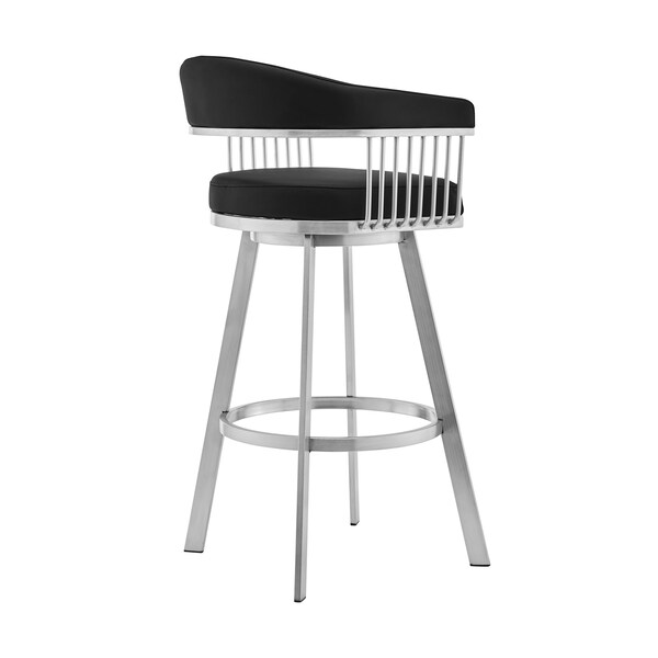 Armen Living Bronson 25" Black Faux Leather and Brushed Stainless Steel Swivel Bar Stool - 721535762200