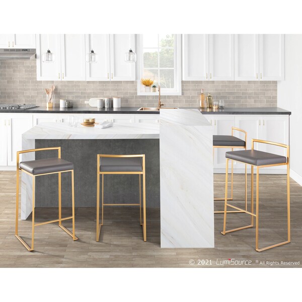 Lumisource Fuji Barstool in Gold with Grey Faux Leather, PK 2 - B30-FUJI AUGY2