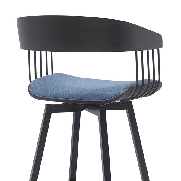 Armen Living Athena 31in Swivel Black Wood Bar Stool in Blue Fabric with Black Metal - LCATBABLKBLU30