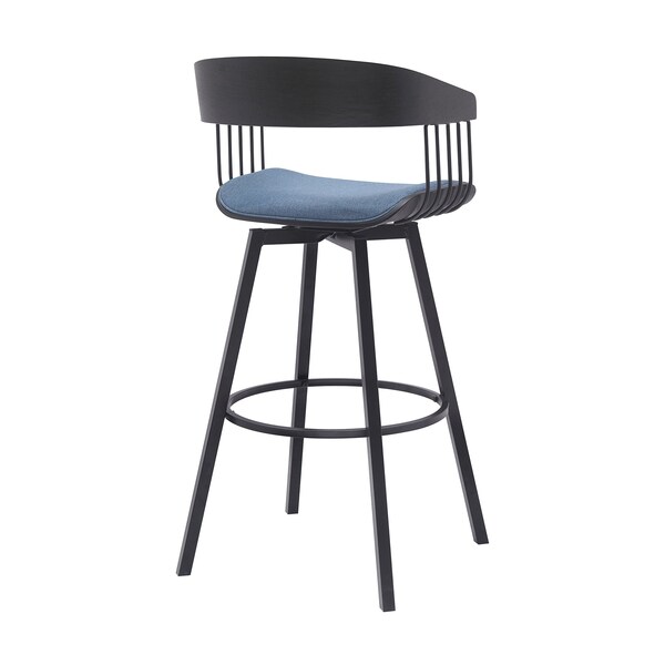 Armen Living Athena 31in Swivel Black Wood Bar Stool in Blue Fabric with Black Metal - LCATBABLKBLU30