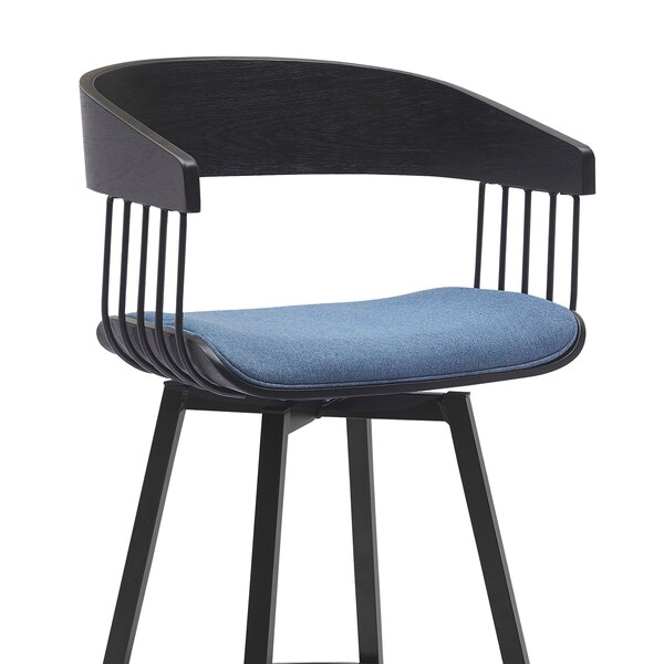 Armen Living Athena 31in Swivel Black Wood Bar Stool in Blue Fabric with Black Metal - LCATBABLKBLU30
