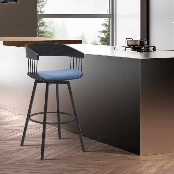 Armen Living Athena 31in Swivel Black Wood Bar Stool in Blue Fabric with Black Metal - LCATBABLKBLU30