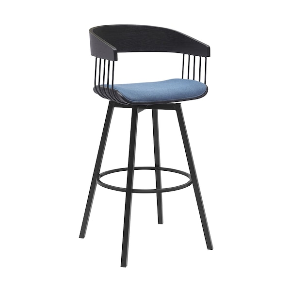Armen Living Athena 31in Swivel Black Wood Bar Stool in Blue Fabric with Black Metal - LCATBABLKBLU30
