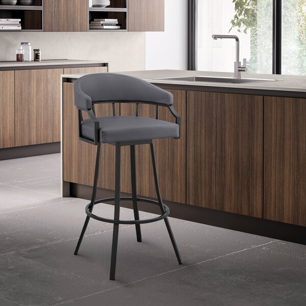 Armen Living Valerie 26" Swivel Slate Gray Faux Leather and Black Metal Bar Stool - LCVLBAMBGR26