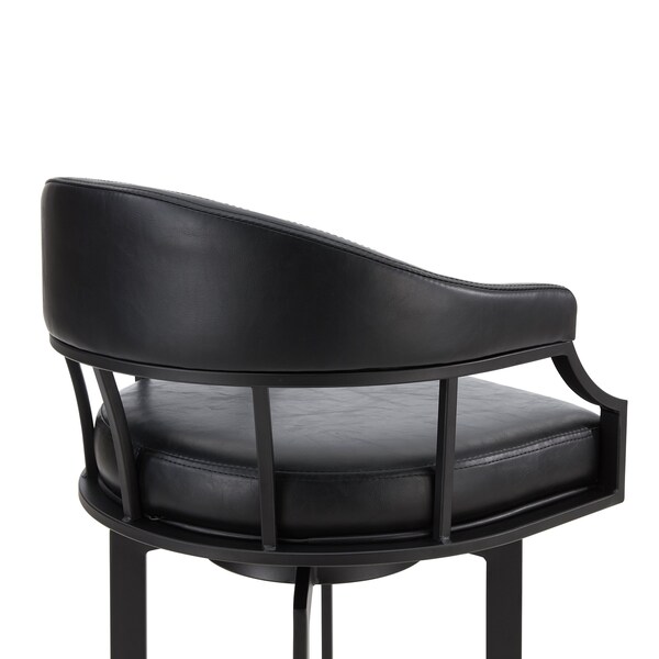 Armen Living Pharaoh Swivel 30" Black Powder Coated and Black Faux Leather Metal Bar Stool - 721535743322
