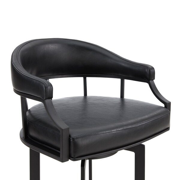 Armen Living Pharaoh Swivel 30" Black Powder Coated and Black Faux Leather Metal Bar Stool - 721535743322