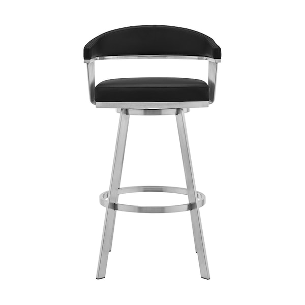 Armen Living Bronson 29" Black Faux Leather and Brushed Stainless Steel Swivel Bar Stool - 721535762217