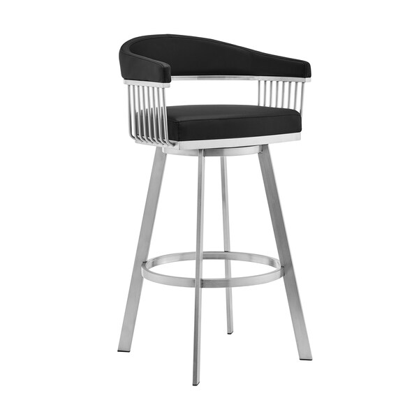 Armen Living Bronson 29" Black Faux Leather and Brushed Stainless Steel Swivel Bar Stool - 721535762217