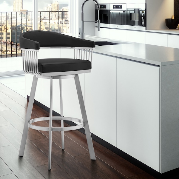 Armen Living Bronson 29" Black Faux Leather and Brushed Stainless Steel Swivel Bar Stool - 721535762217