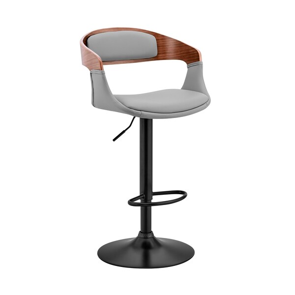 Armen Living Benson Adjustable Gray Faux Leather and Walnut Wood Bar Stool with Black Base - LCBNBAWABLGR