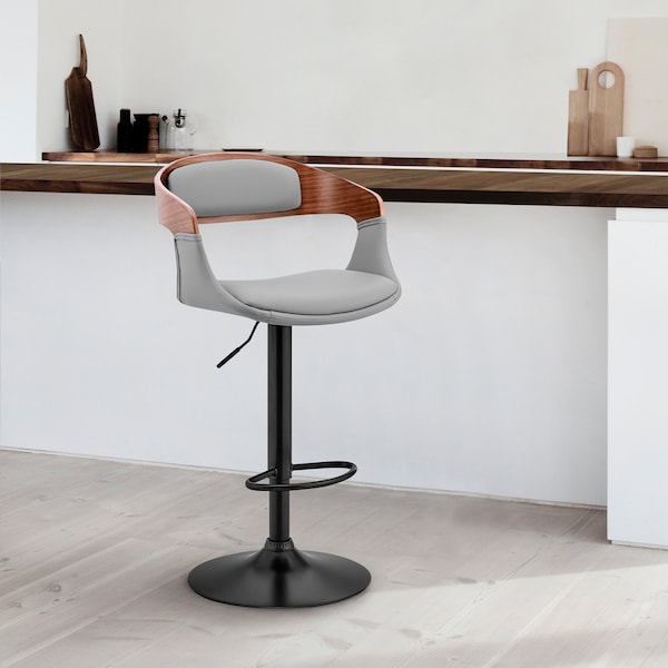 Armen Living Benson Adjustable Gray Faux Leather and Walnut Wood Bar Stool with Black Base - LCBNBAWABLGR