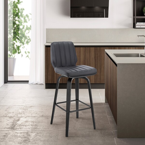 Armen Living Renee 30" Swivel Gray Faux Leather and Black Wood Bar Stool - LCRNBABLGR30