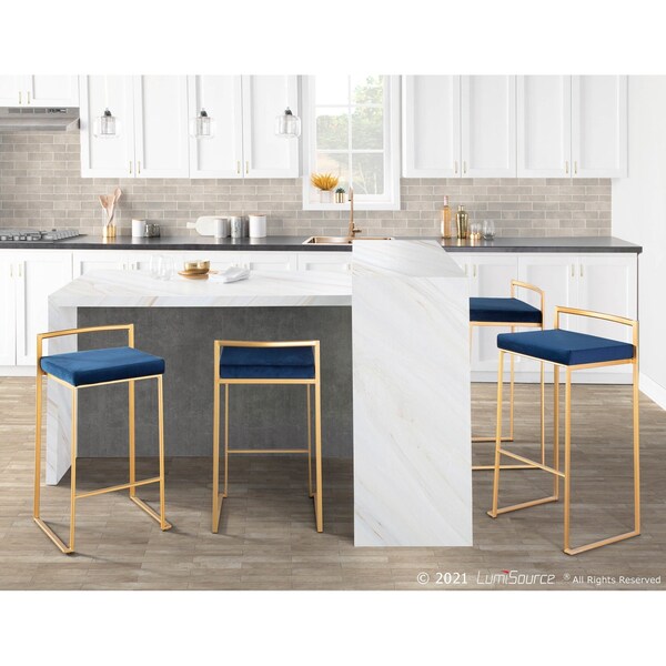 Lumisource Fuji Stackable Barstool in Gold with Blue Velvet Cushion, PK 2 - B30-FUJI AUVBU2