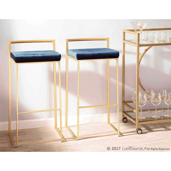 Lumisource Fuji Stackable Barstool in Gold with Blue Velvet Cushion, PK 2 - B30-FUJI AUVBU2