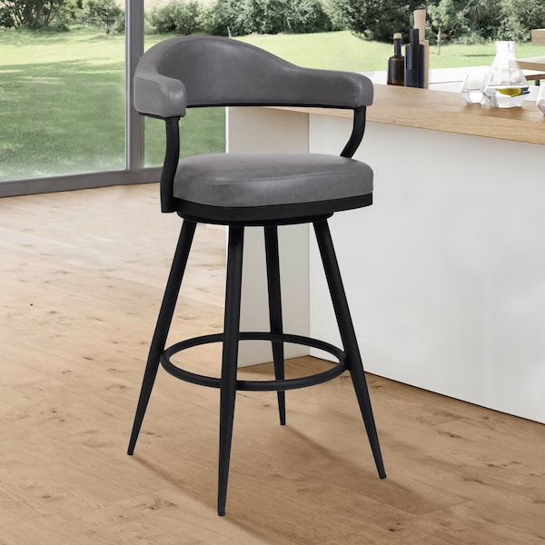 Armen Living Justin 30" Bar Height Swivel Vintage Gray Faux Leather Bar Stool with Black Metal Legs - LCJTBABLVG30