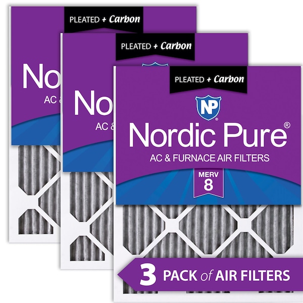 Nordic Pure 20x30x1 Plus Carbon Pleated Air Filter, High Capacity, MERV 8, 3 PK - 20X30X1PM8C-3
