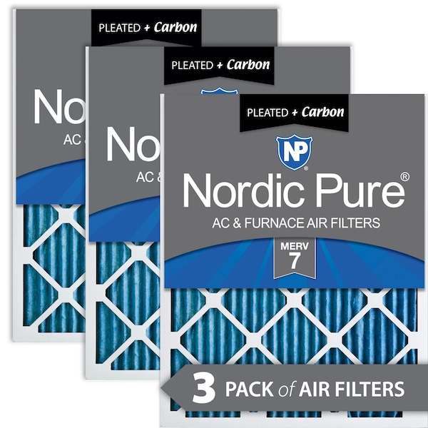 Nordic Pure 25x25x1 Plus Carbon Pleated Air Filter, High Capacity, MERV 7, 3 PK - 25X25X1M7+C-3