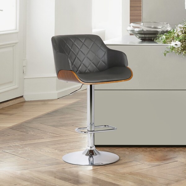 Armen Living Toby Gray Faux Leather Adjustable Height Swivel Walnut Wood and Chrome Bar Stool - LCTOSWBAWAGR