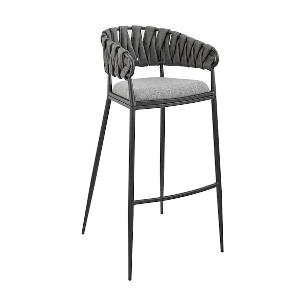 Armen Living Vigona Bar Stool in Black Metal with Gray Fabric and Faux Leather - 840254335554