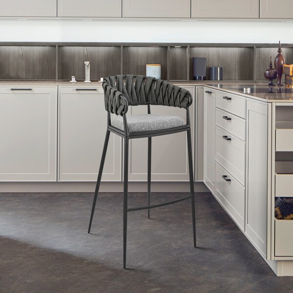 Armen Living Vigona Bar Stool in Black Metal with Gray Fabric and Faux Leather - 840254335554