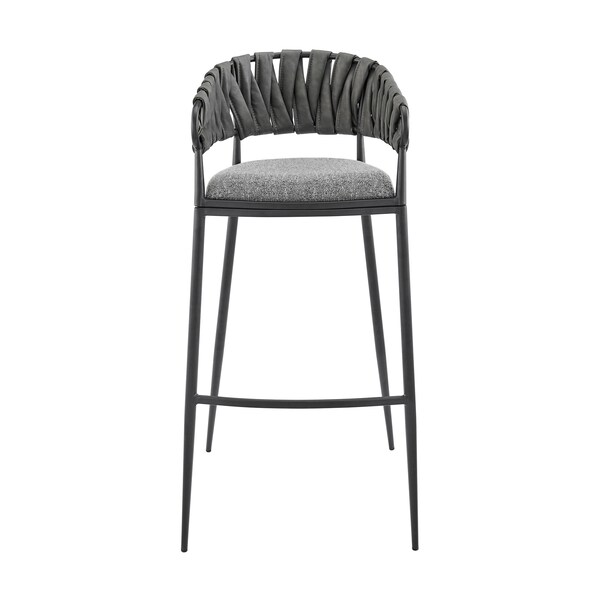 Armen Living Vigona Bar Stool in Black Metal with Gray Fabric and Faux Leather - 840254335554