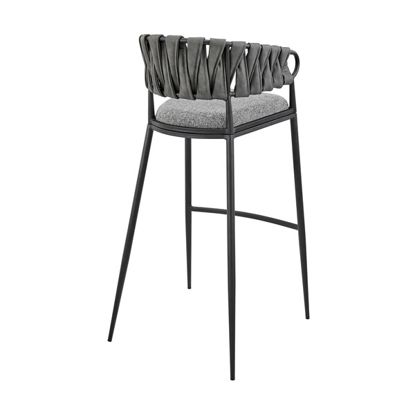 Armen Living Vigona Bar Stool in Black Metal with Gray Fabric and Faux Leather - 840254335554