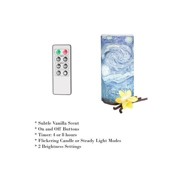 Hastings Home LED Starry Night Candle with Remote Control Van Gogh Art on Vanilla Scented Flameless Light - 674300NVO