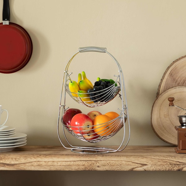Basicwise 2 Tier Metal Fruit Holder Swing Basket, Detachable Countertop Organizer with Display Hammock Stand - QI004474
