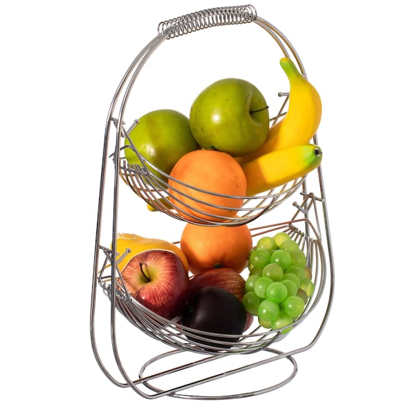 Basicwise 2 Tier Metal Fruit Holder Swing Basket, Detachable Countertop Organizer with Display Hammock Stand - QI004474