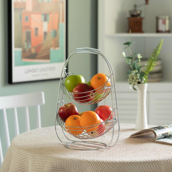 Basicwise 2 Tier Metal Fruit Holder Swing Basket, Detachable Countertop Organizer with Display Hammock Stand - QI004474