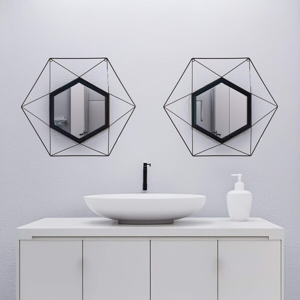 Uniquewise Set of 2 Decorative 20-Inch Star Shaped Black Metal Frame Modern Wall Mounted Geometric Mirror - - QI004582.2