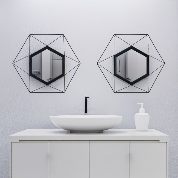 Uniquewise Set of 2 Decorative 20-Inch Star Shaped Black Metal Frame Modern Wall Mounted Geometric Mirror - - QI004582.2