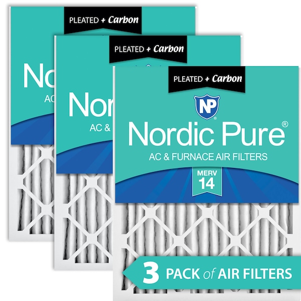 Nordic Pure 20x20x2 Plus Carbon Pleated Air Filter, High Capacity, MERV 14, 3 PK - 20X20X2M14+C-3