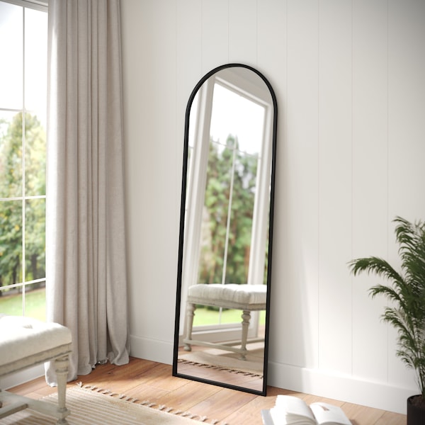 Flash Furniture Mila 22in x 65in Arched Metal Framed Wall Mirror, Black - HMHD-23M009YBN-BLK-GG