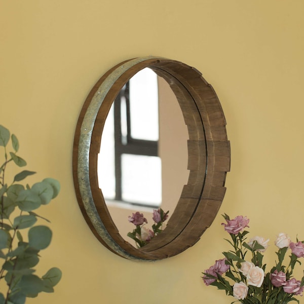 Vintiquewise Round Rustic Wood and Galvanized Metal Framed Wine Barrel Shaped Wall Mirror - QI003977