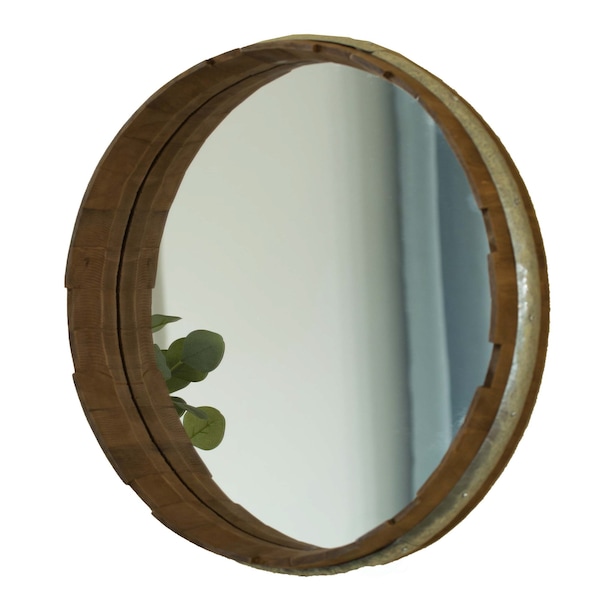 Vintiquewise Round Rustic Wood and Galvanized Metal Framed Wine Barrel Shaped Wall Mirror - QI003977