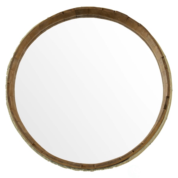 Vintiquewise Round Rustic Wood and Galvanized Metal Framed Wine Barrel Shaped Wall Mirror - QI003977
